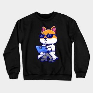 Cute Shiba Inu Dog Proffesor With Laptop Cartoon Crewneck Sweatshirt